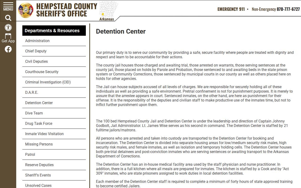 Hempstead County Detention Center booking destination for Blevins arrest records