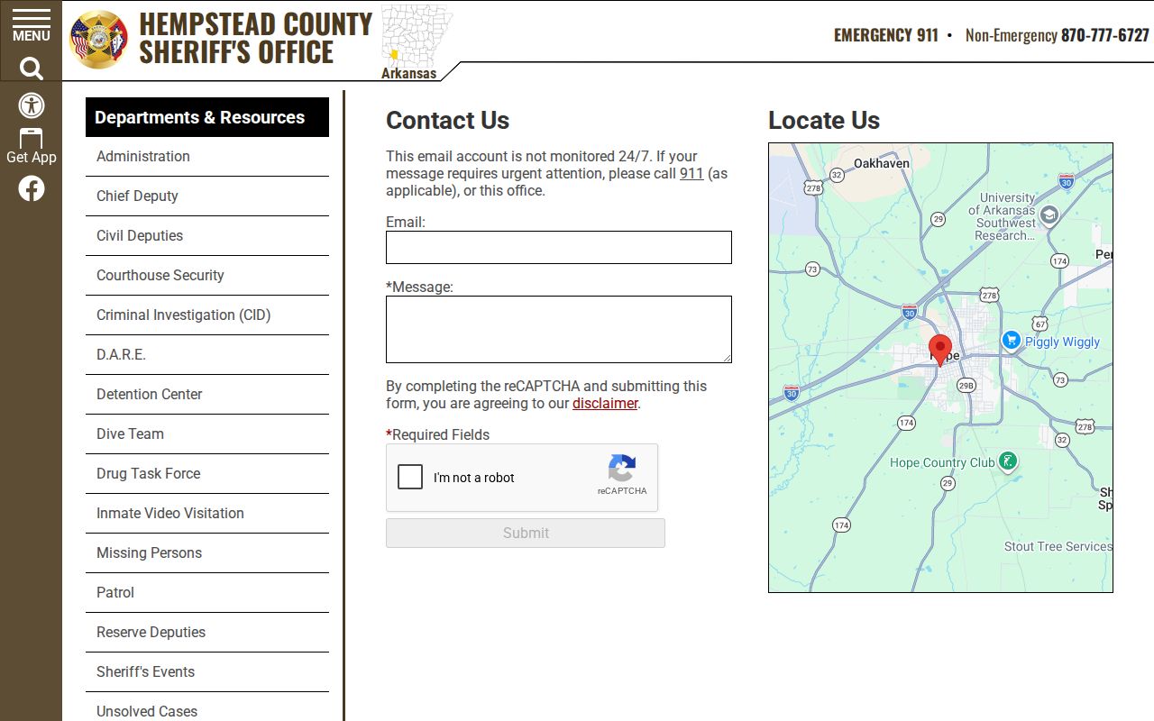 Hempstead County Sheriff's Office records contact for Fulton booking photographs