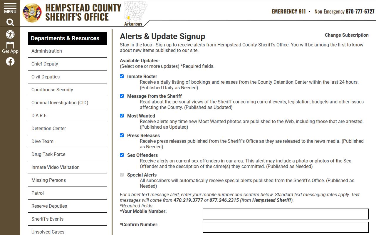 Hempstead County 24-hour booking and release alert signup