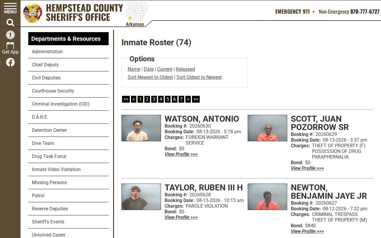 Hempstead County current jail roster and booking record interface