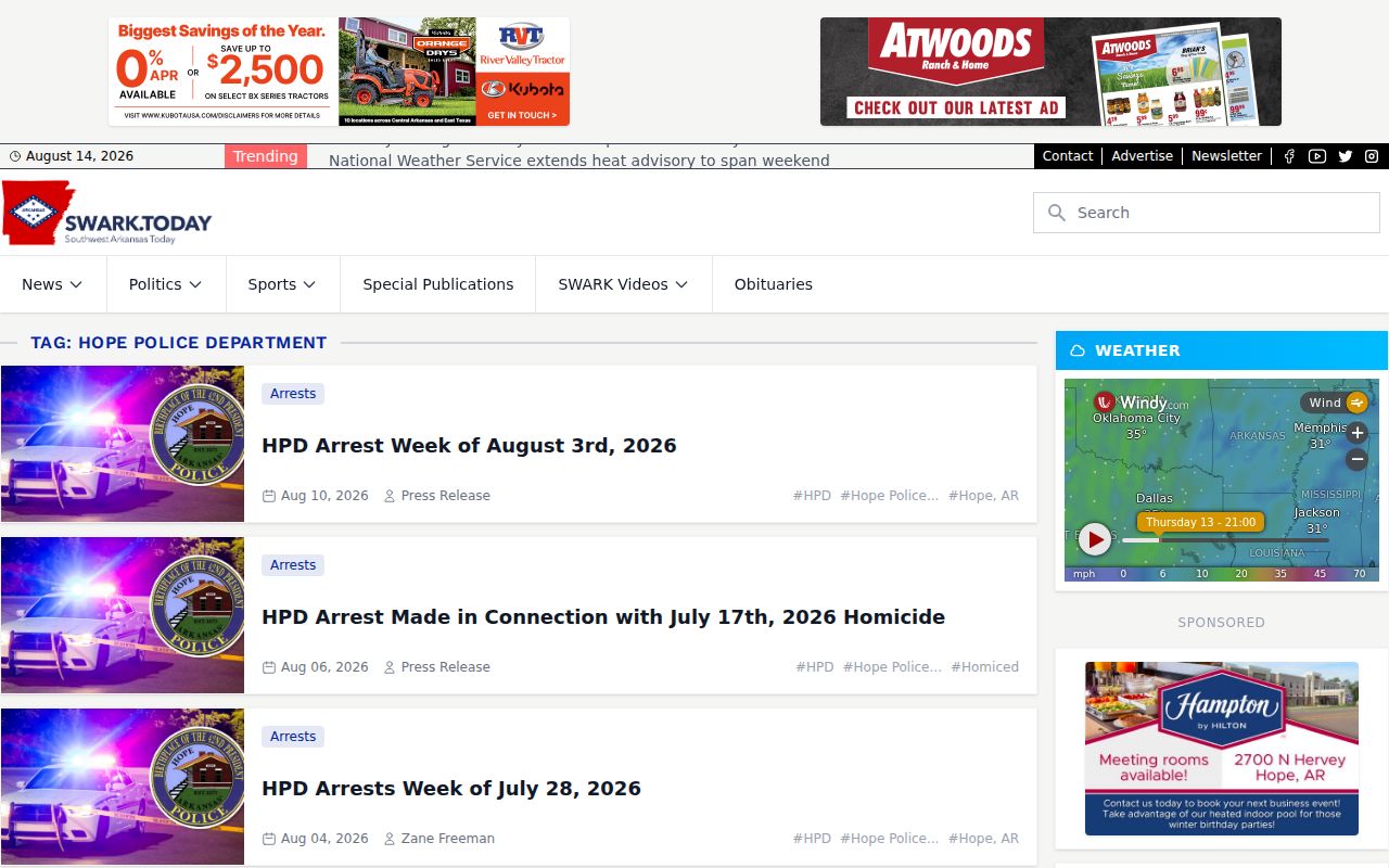 Hempstead County arrest news on the SWARK Hope Police archive