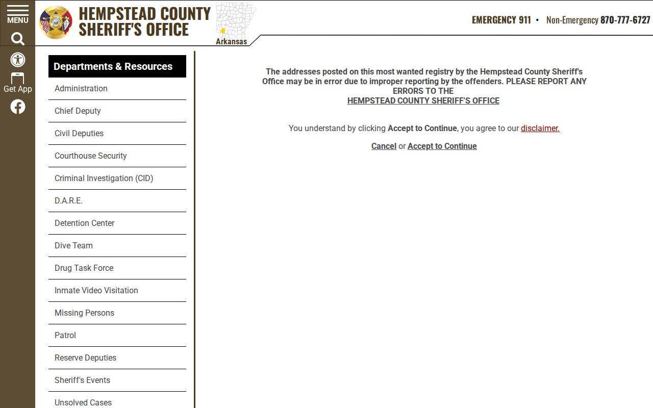 Hempstead County Sheriff's Most Wanted official disclaimer gate