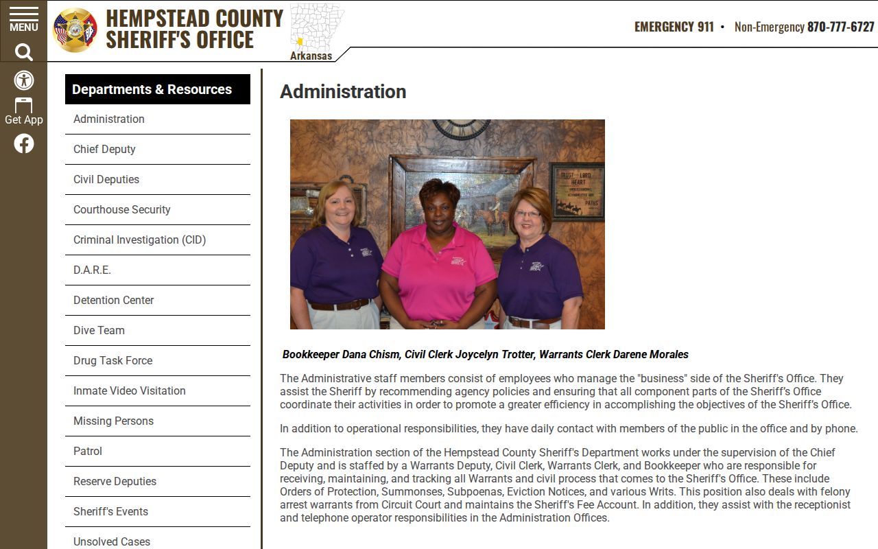 Hempstead County Sheriff's Office warrant administration contact route