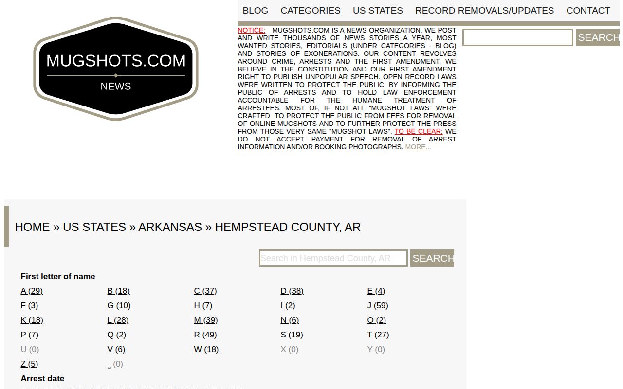 Stale unofficial Hempstead County mugshot archive dating to 2012 and 2013